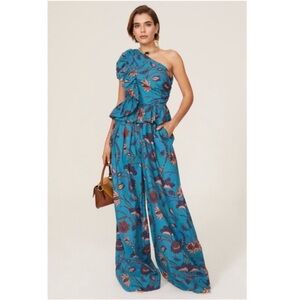 Ulla Johnson Solana Blue Floral One Shoulder Wide Leg Jumpsuit Size 4 like new